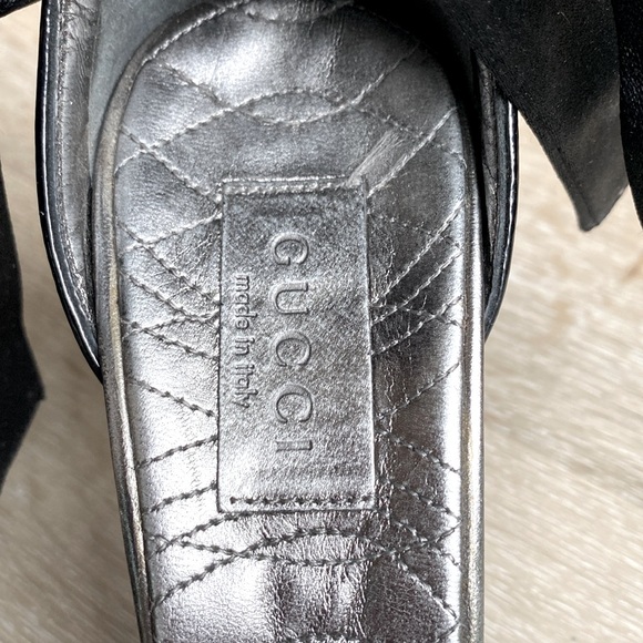 [Gucci] Black Embroidered Suede Open-Toe Ankle Ribbon Bow Tie Pumps Sz 7.5 - Picture 7 of 13